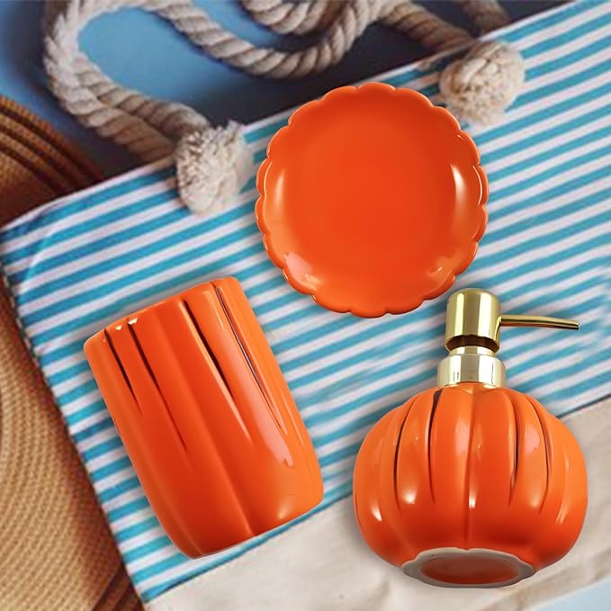 Pumpkin Bathroom Accessories Set, Orange Bathroom Fall Decor, 3PC Ceramic Bathroom Sets Complete, Toothbrush Holders, Soap Dispenser, Soap Dish, Bathroom Organizer for Countertop