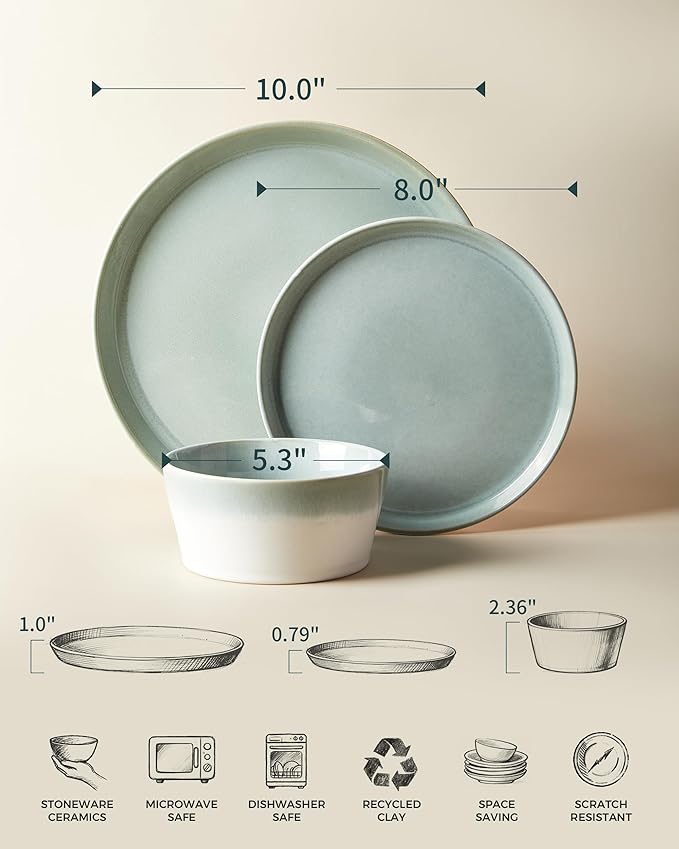 Dinnerware Sets for 6, Ceramic Plates and Bowls Set, Modern Artisan Dish Set, Microwave & Dishwasher Safe Dishware Set, Chip & Scratch Resistant Dinner Sets, Gradient Green