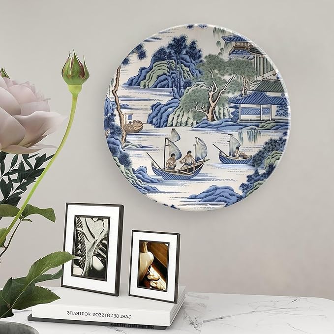 Asian Scenic in Blue And Kelly Green Chinoiserie Ceramic Decorative Plate for Display Housewarming Gifts Club Supplies Festival Wall Holiday Party Decorations Custom Gifts for Men Women Holiday