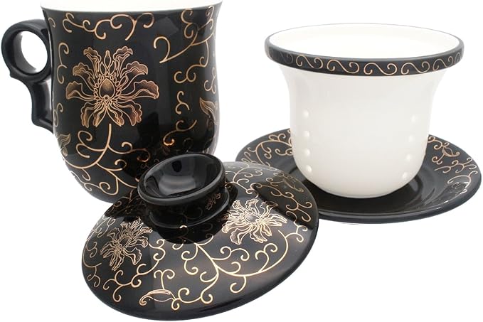 Porcelain Tea Cup with Infuser Lid and Saucer Sets - Chinese Jingdezhen Ceramics Coffee Mug Teacup Loose Leaf Tea Brewing System for Home Office