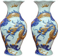 HERITAGE T&T Dragon Flower Altar Vase Pair – Bat Trang Handmade Ceramic – Buddhist Altar Flower Vase Set – Traditional Asian Home Decor – 1 Pair (2 Vases) - Blue & Yellow Glaze, Height 26 cm (10.2 in)