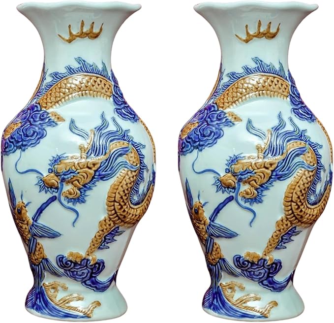 HERITAGE T&T Dragon Flower Altar Vase Pair – Bat Trang Handmade Ceramic – Buddhist Altar Flower Vase Set – Traditional Asian Home Decor – 1 Pair (2 Vases) - Blue & Yellow Glaze, Height 26 cm (10.2 in)