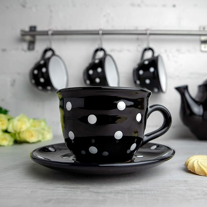 City to Cottage Handmade Black and White Polka Dot Large Ceramic 12oz/350ml Cappuccino Coffee Tea Cup and Saucer, Unique Designer Pottery for Tea Lovers