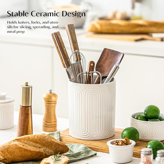 INSETLAN Ceramic Utensil Holder Set – 7.1" & 5.4" Kitchen Utensil Organizers for Countertop, Arch-Design Utensil Crocks for Farmhouse Decor & Kitchen Counter, Perfect Housewarming Gift