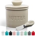 Zulay Kitchen Bell Shaped Butter Crock with Lid for Countertop with Water Line & Spreader Knife, Ceramic French Butter Dish Keeper For Fresh, Soft & Spreadable Butter - Stone Gray