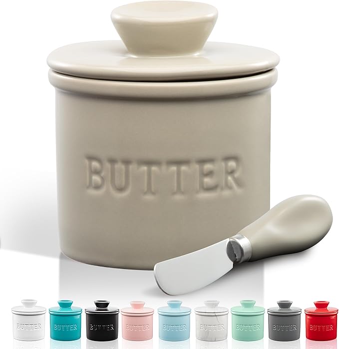 Zulay Kitchen Bell Shaped Butter Crock with Lid for Countertop with Water Line & Spreader Knife, Ceramic French Butter Dish Keeper For Fresh, Soft & Spreadable Butter - Stone Gray