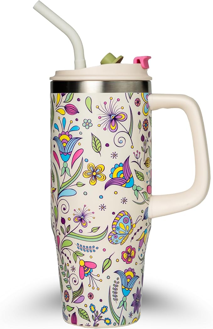 32 Oz Insulated Stainless Steel Tumbler with Handle and Straw lid | Limited Edition | Ceramic Lined Interior | Leak-proof | Travel Mug for Hot/Cold Drink | Carrying Bag Gift Flora Breeze