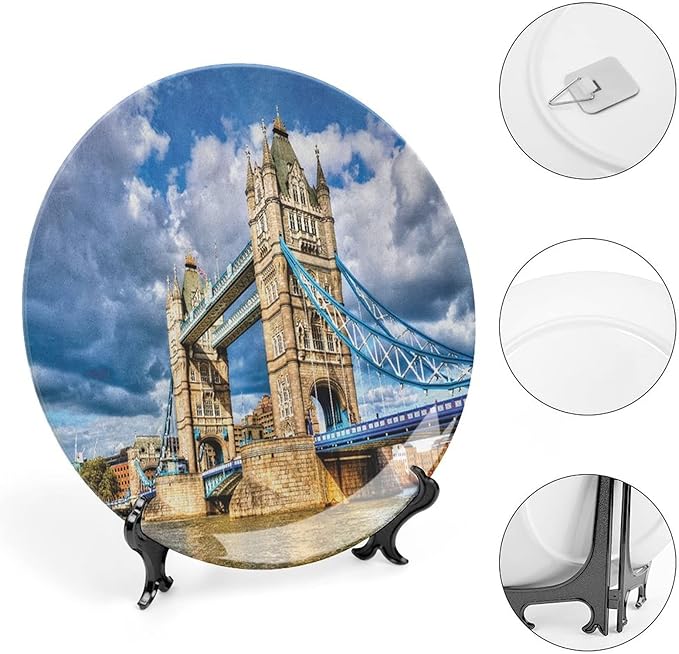 6 Inch Decorative Plate, London Ceramic Craft, Historical Tower Bridge on River London UK British Day Time Print Ornament Display Plate Decor Accessory for Dining, Parties, Wedding, Multicolor