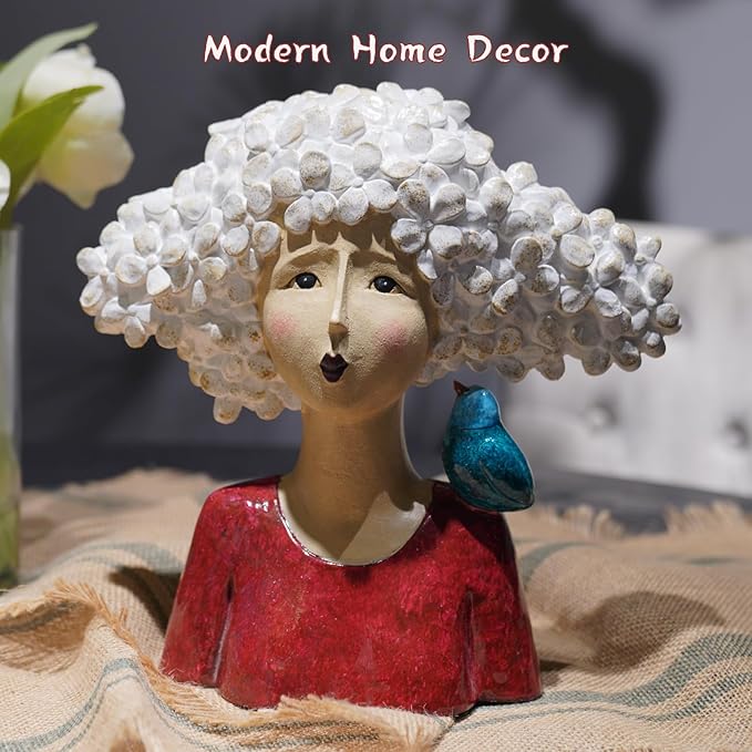 DiliComing Garden-Statues Bust-Head Sculptures for Home Decor - 11 Inch Women with Bird Modern Art Statue for Home and Garden, Various Festivals for Women 10.5 x5.5 x 11 Inch (Red)