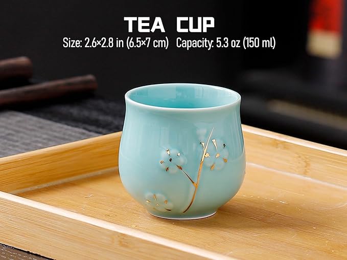 Japanese Tea Set with 1 Teapot(23 oz/660ml), 6 Tea cups(5.3 oz/150ml), 1 Tea Tray, 1 Stainless Infuser, Golden plum blossom relief,Chinese gungFu tea set (Golden plum-Blue)
