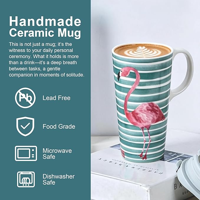 Topadorn Ceramic Travel Coffee Cup with Lid Ceramic Mug with Gift Box, Unique Coffee Mug for Latte & Hot Chocolate, Holiday Office Gift Her Him, Flamingo