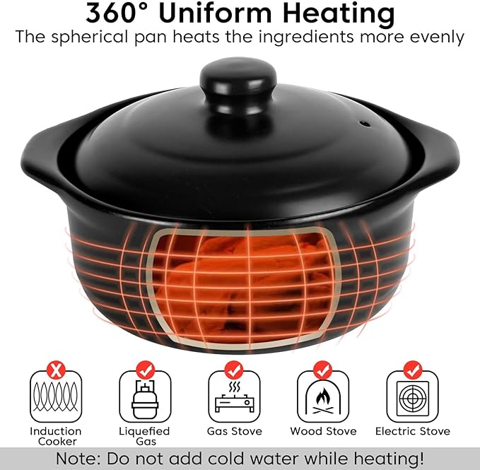 3.4 Quart Black Ceramic Clay Pot for Cooking with Lid - Korean Stone Pot, Healthy No-Coating Earthenware Casserole, Family Soup Rice Hot Pot Cookware