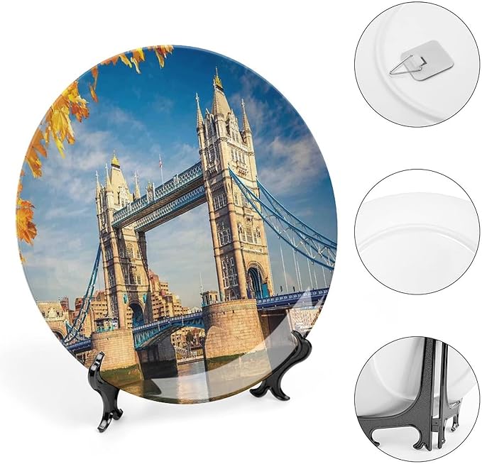 XISUNYA 8 Inch Decorative Plate, London Porcelain Plate, Historical Tower Bridge Mossy Abutments Autumnal Leaves Print Ornament Display Plate Handmade Plate Wedding Gifts, Yellow Blue Ivory