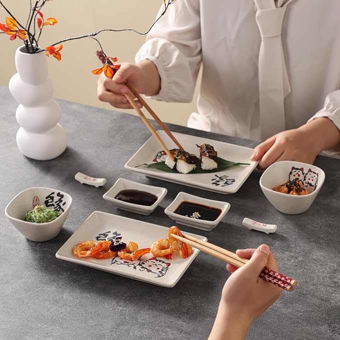10 pcs Japanese Sushi Plate Sets Serving Platters and Trays for Entertaining Sushi Dishes Set Plates Sushi Plates Traditional Cuisine Dinnerware Sets with Chopsticks Cat