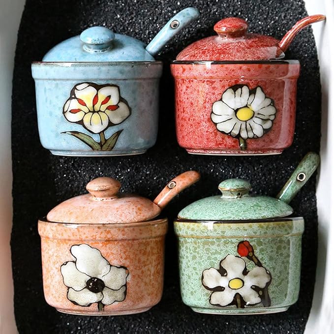 Ceramics Retro Flower Sugar Salt Pepper Storage Jar Seasoning Pot with Lid And Spoon