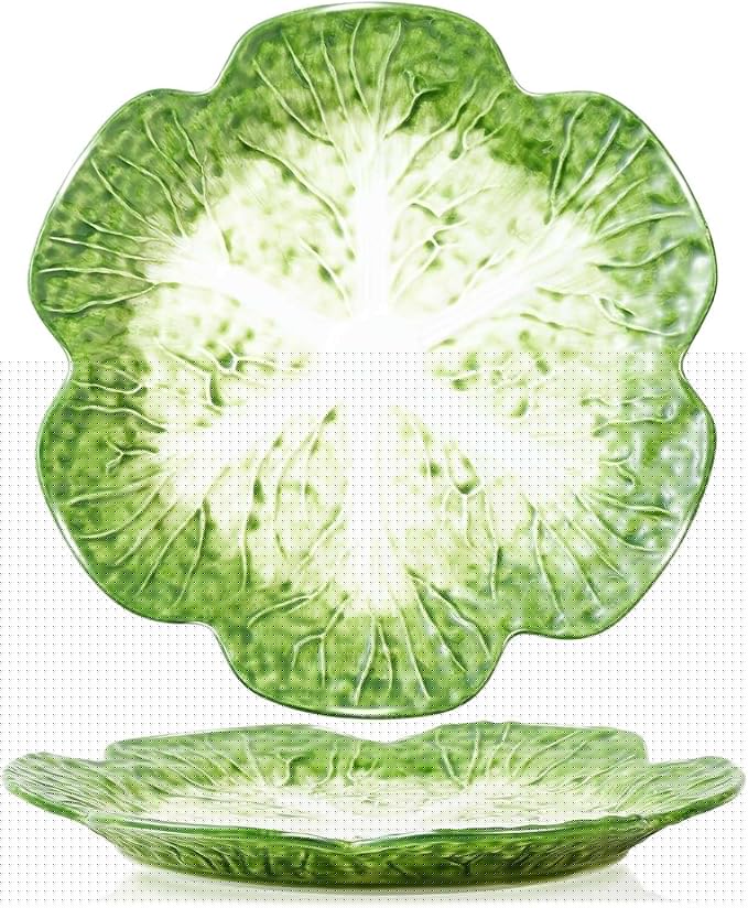 1 Pcs Green Ceramic Salad Plate, 10.5 Inch Porcelain Decorative Plates for Kitchen, Round cabbage dishware for Dessert, Decorative, Dinner, Pancakes, Steak, Cabbage Plate Microwave & Dishwasher Safe