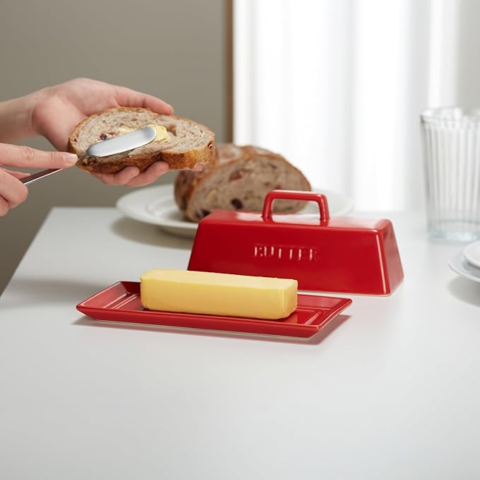 Butter Dish with Lid for Countertop, by Kook, Ceramic Dish Tray with Cover, Kitchen Keeper, Container, Holder (Red)