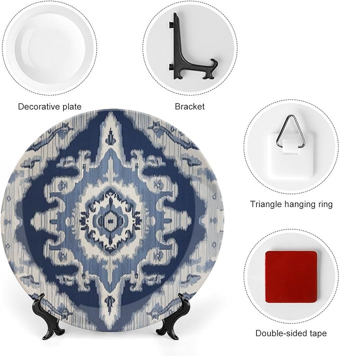 Navy Blue Grey Ikat Plates Ceramic of 6", 7", 9", 10", Custom Wall Decorative Plate, Household Festival Decorations Farmhouse, Including Bracket And Special Hook