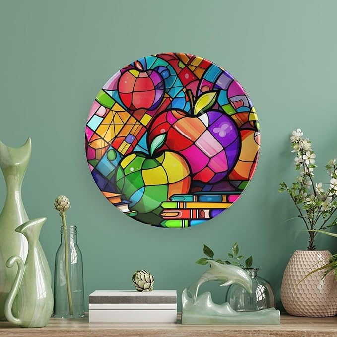 Decorative Plates for Wall Hanging, Colorful Books & Apples Stained Glass Painting Ceramic Plate w/ Display Stand, Home Decor for Kitchen Cabinets, Round Tray 6 Inch, Gift for Teacher Or Student