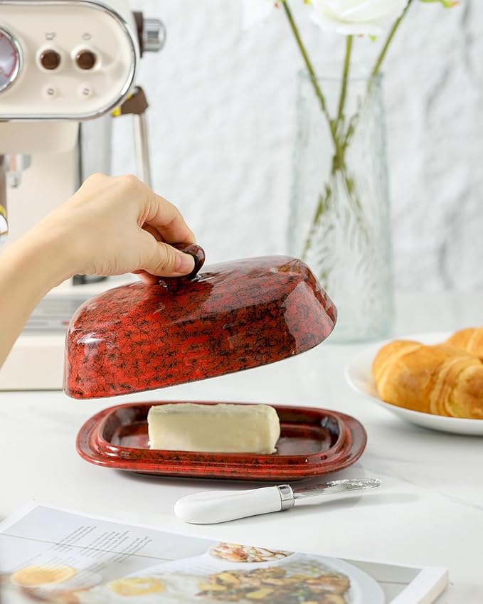 Hasense Butter Dish with Lid for Countertop and Refrigerator, Ceramic Butter Holder Container with Handle Cover, Porcelain Butter Tray Perfect for East West Coast Butter Stick, Dishwasher Safe, Red