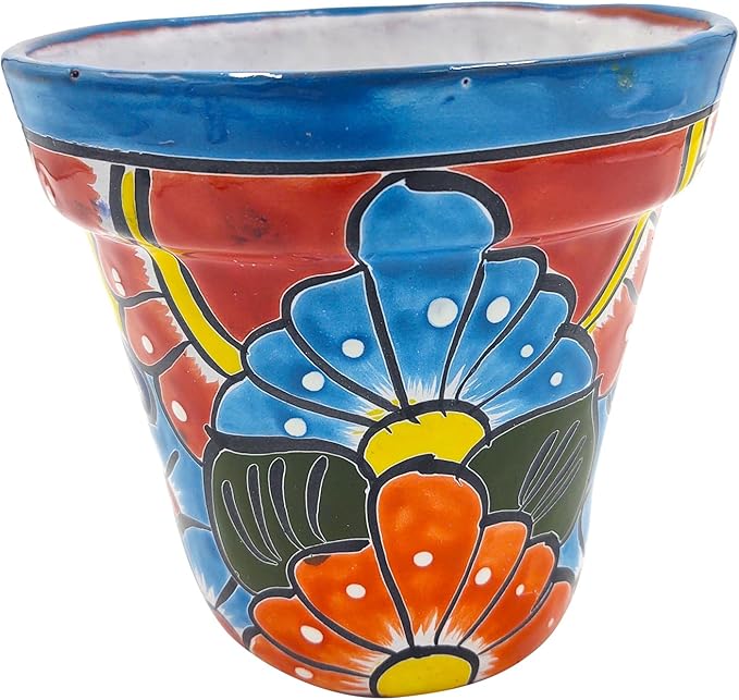 Cactus Canyon Ceramics Talavera Planter, Hand-Painted Mexican Traditional Ceramic Pot with Drainage Hole, Indoor Outdoor Rustic Botanical Terracotta, 7 Inch, Red Multicolor