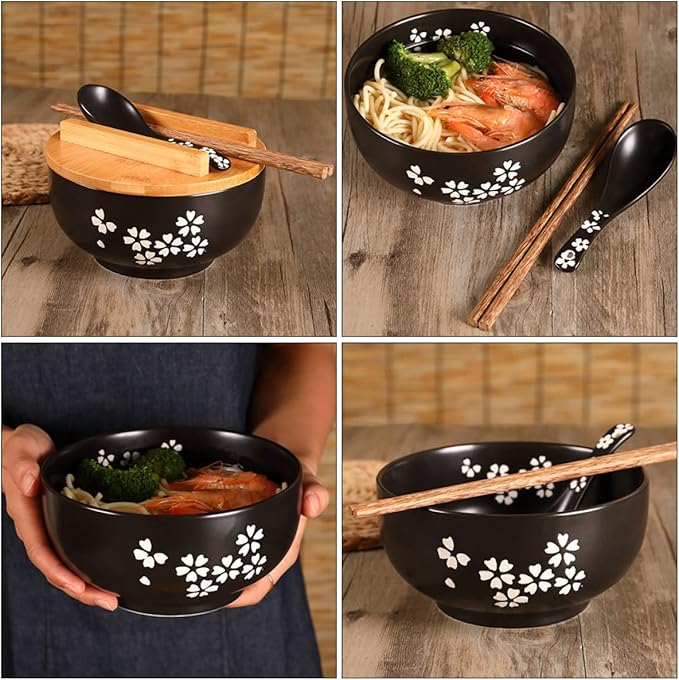 1 Set Japanese Style Ceramic Noodle Bowl with Cover and Spoon Soup Bowl for Ramen Soba Salad and Udon Easy to Clean Heat Preserving Design