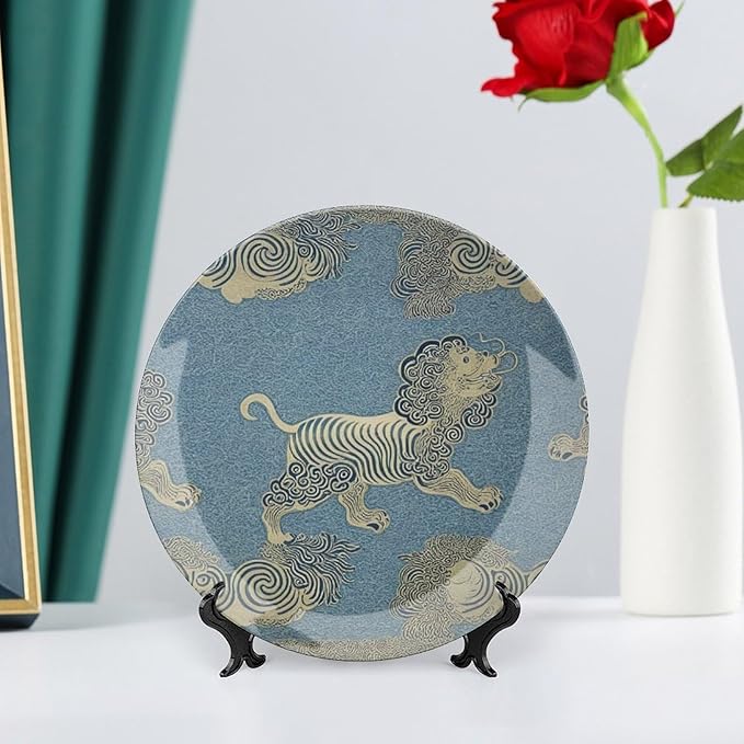 Blue Tibet Tiger Fashion Plates, Chinoiserie Tiger in Blue Customize Ceramic Ornaments Dessert Plates for Kitchen Display Wedding Decor, with 1 Display Stand Art Decorations for Wall Household