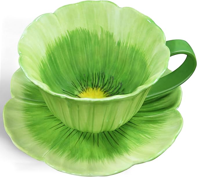 JUSONEY 10 oz Tea Cups and Saucers, Ceramic Flower-shaped Cappuccino Cup, Latte Cup and Saucer set, elegant floral Espresso Cup set, cups are microwave and dishwasher safe-Green