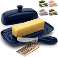 Zulay Butter Dish With Lid For Countertop - Porcelain Blue, Ceramic Butter Dish with Knob Handle Great for Cooking - Elegant Design Butter Holder - Durable & Sturdy Butter Keeper - Dark Blue