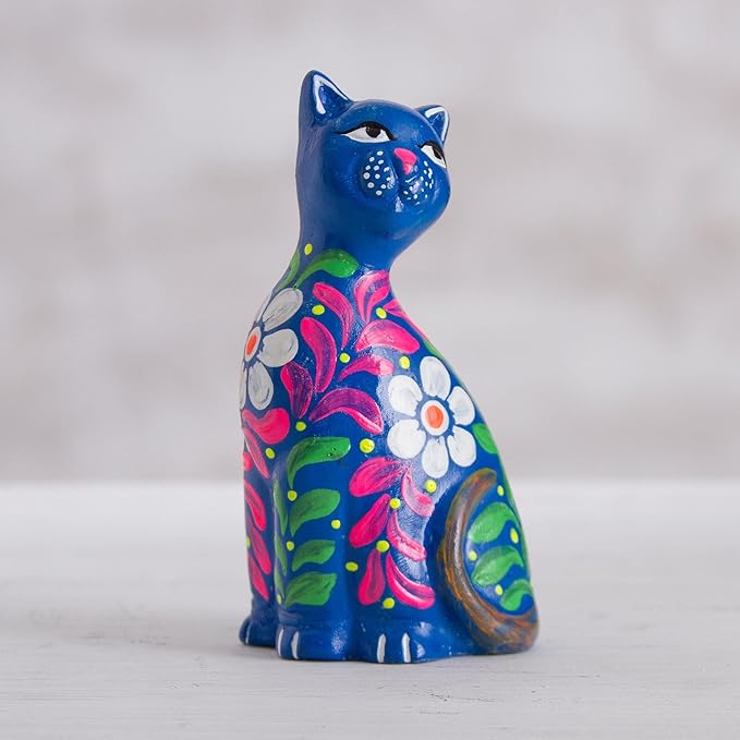 NOVICA Artisan Handcrafted Ceramic Figurine Peruvian Artisan Floral Cat Blue Multicolor Sculpture Painted [3.9in H x 2.2in W x 1.6in D] ' Sweet Cat in Blue'