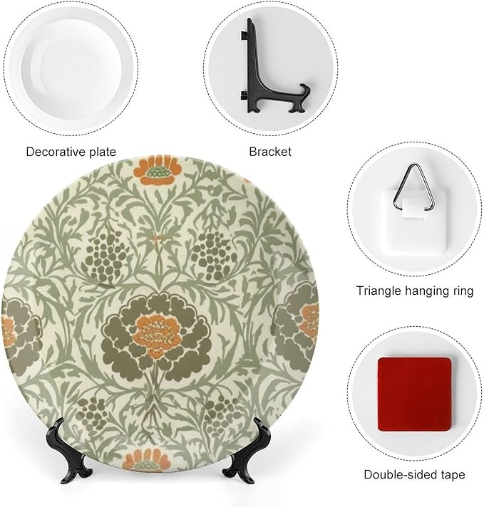 Teal Floral Vintage Plates of 6", 7", 9", 10", Customize William Morris Garden Flowers Wall Decorative Plate, Festival Farmhouse Decorations Art Decoration, with Display Stand And Hook Up