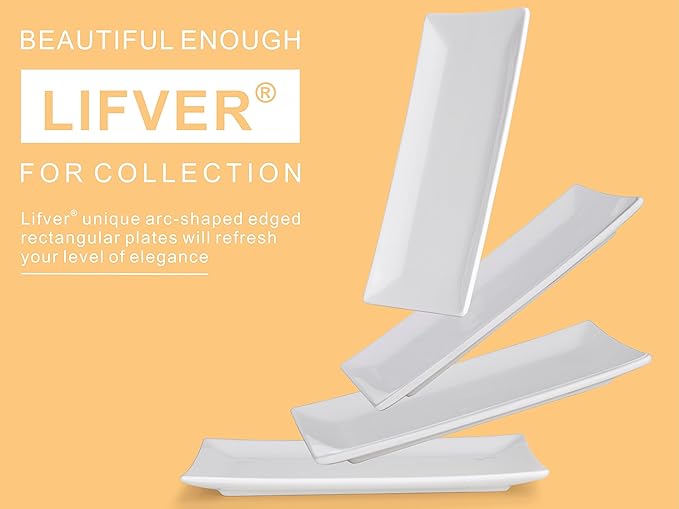 LIFVER Serving Platter, White Rectangle Plates Set of 4, 10 Inches Sushi Plate, Ceramic Serving Trays for Party, Dessert, Appetizer, Steak, Serving Dishes for Entertaining, Dishwasher & Oven Safe