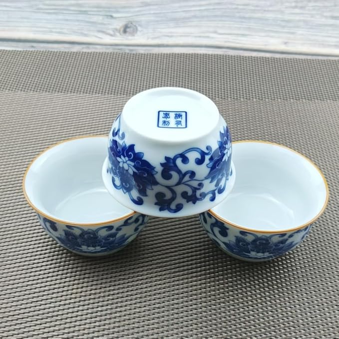 Chinese Handmade Kungfu Tea Cup 60 ml,Bone China Blue and White Tea Cups Set of 12,Ceramic Tea Mugs Without Handles,Best Gift（Lotus）