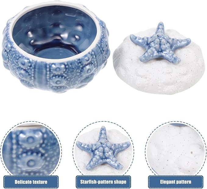Yardwe Marine Style Jewelry Box, Blue Ceramic Trinket Dish with Lid for Nautical Room Decor Aesthetic Multifunctional Items Storage Container for Vanity Table Bedroom and Bathroom, 4.13X4.13X2.95Inch