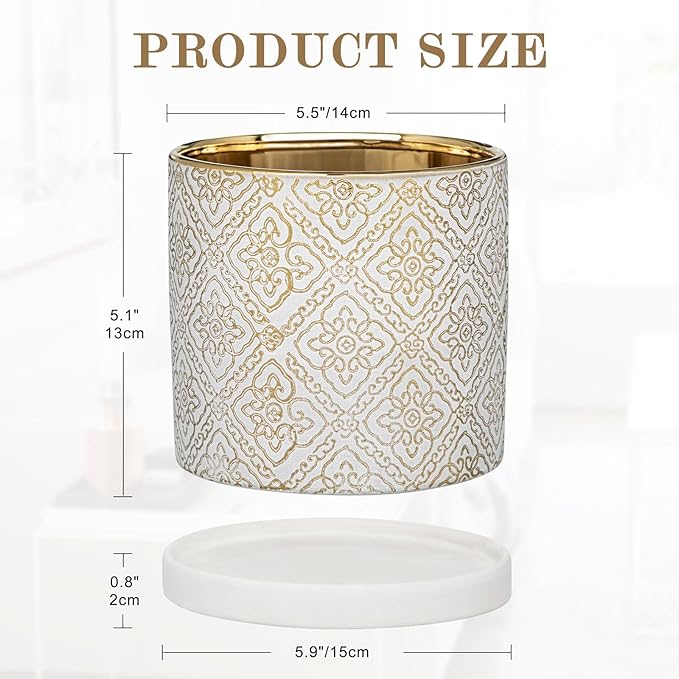 Ceramic Plant Pots with Drainage Hole & Saucer, White & Gold Ceramic Planter Pot for Indoor & Outdoor Use, 5.5" Small Plant Pots Decorative Flowerpots for Succulents, Herbs, Cactus, Orchids Planter