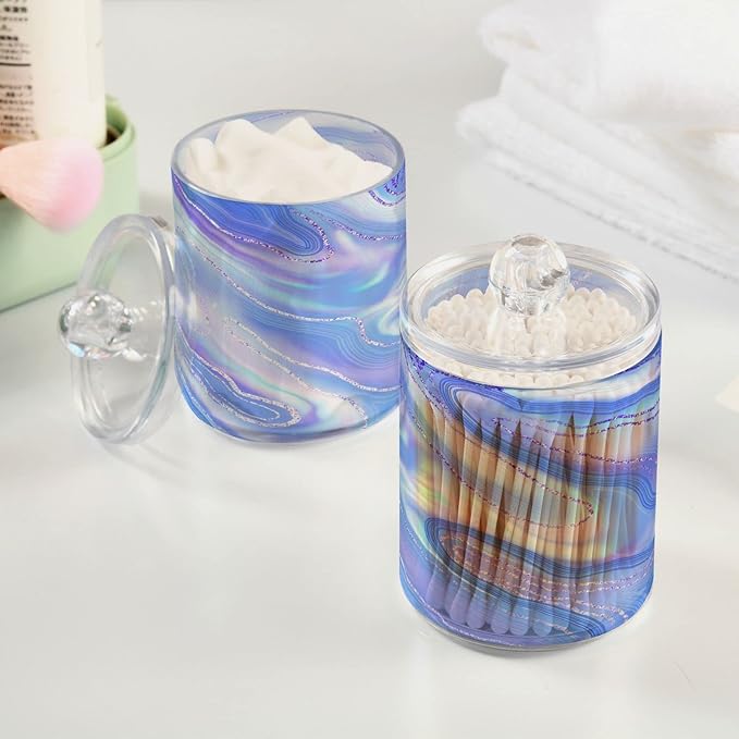 MNSRUU 4 Pack Qtip Holder Organizer Dispenser Liquid Shiny Blue Bathroom Containers Bathroom Vanity Storage Canister Apothecary Jars for Cotton Swabs/Pads/Floss