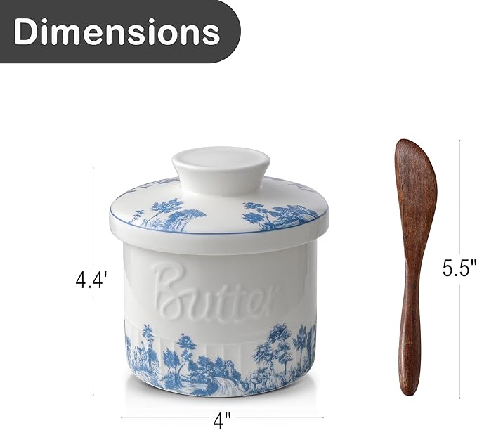 iobiotio Butter Crock for Countertop, Ceramic Butter Crock with Lid and Wooden Knife, Butter Keeper with Water Line for Fresh Spreadable Butterfor, Forest Blue