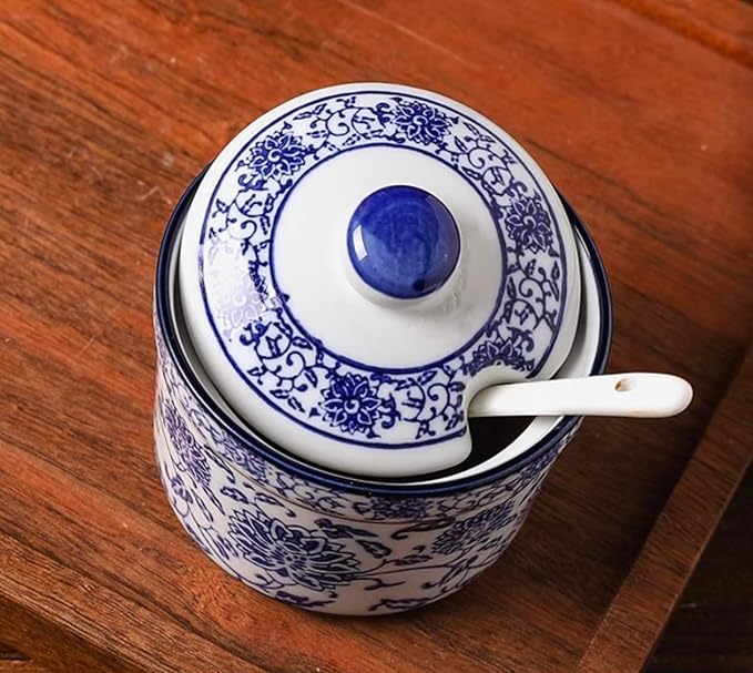 123Arts Ceramic Blue and White Sugar Bowl Spice Jar with Lid Spoon Seasoning Pot
