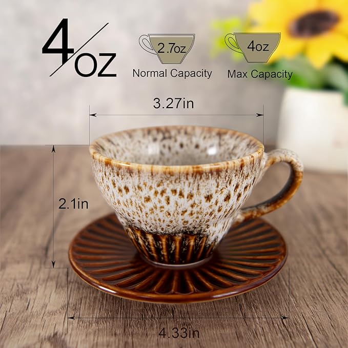 4 oz Espresso Cups Set of 6, Ceramic Cappuccino Cups with Saucers, Stackable Coffee Cup for Macchiato, Double shot, Tea, Coffee Lover Gifts, Glazed White