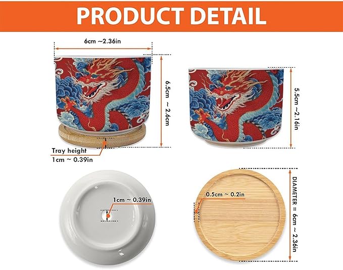 Set of 1 Chinoiserie Dragon Small Planters Ceramics Red and Auqa Dragon Ceramics Plant Pot with Drainage Bamboo Trays Japanese Asian Style Pots for Succulents Indoor