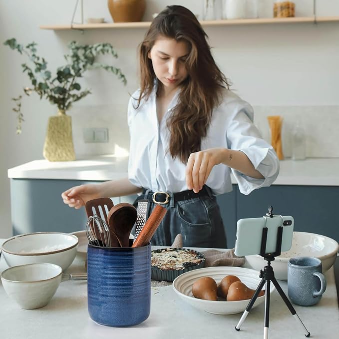 HASENSE Utensil Holder, 7.4" Large Utensil Holder for Kitchen Counter, Ceramic Utensil Organizer for Utensil Set, Modern Kitchen Utensil Crock for Countertop Decor, Blue