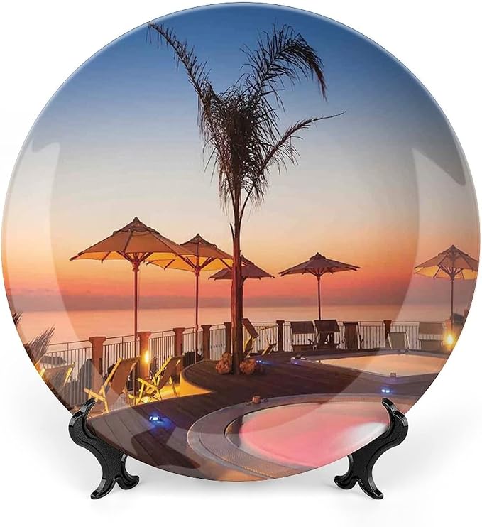 10 Inch Decorative Plate, House Decor Ceramic Craft, Summer Resort Place by the Sea at Evening Caribbean Print Ornament Display Plate for Dining Table Setting, Wedding Decoration, Christmas Tablescape
