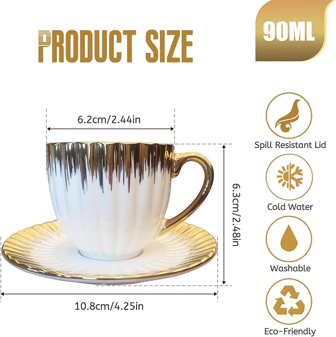 3.5oz Ceramic Turkish Coffee Cup Set of 6, British Italian Cappuccino Cups Porcelain Espresso Cups and Saucers with Gold Trim for Double Espresso Cappuccino Latte Mocha Tea