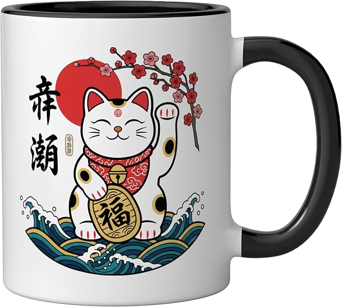 Cat Japanese Lucky Maneki Cat, Lucky Cat With & Bloss Ceramic Mug, Black/White