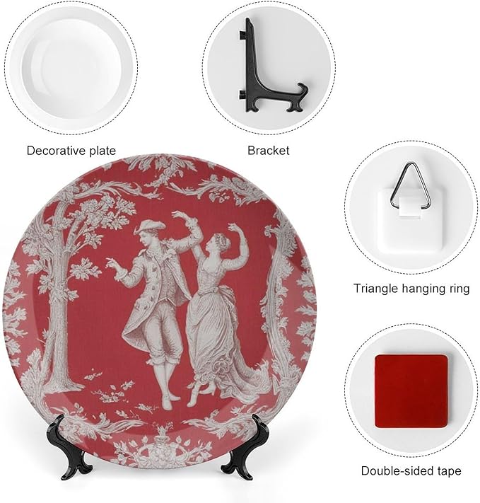 Red And White Toile China Plates, Chinoiserie Toile Personalized Wall Decorative Plate for Wall Office Housewarming Gifts Decor, with Vertical Stand Art Decorations for Table Home