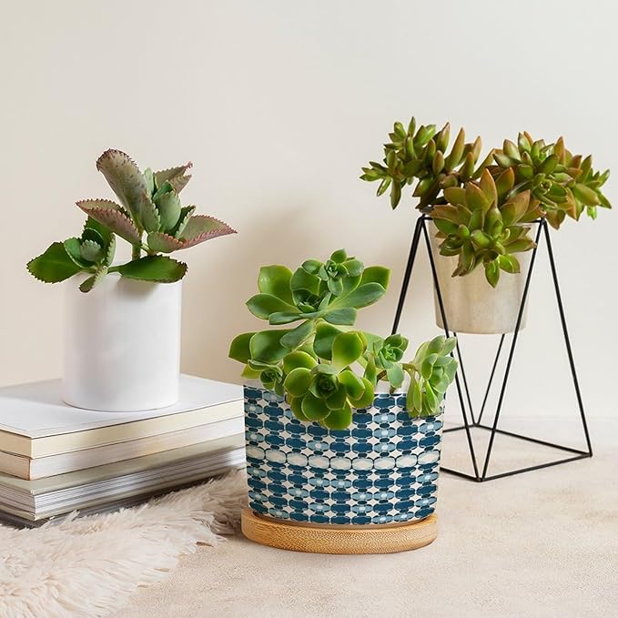 DreamAutumn Navy Blue Geometric Pattern Ceramic Pots for Plants with Drainage Holes Round Flower Pot Bamboo Tray Orchid Pot Succulents Pots for Outdoor Indoor Plants,Housewarming Gifts