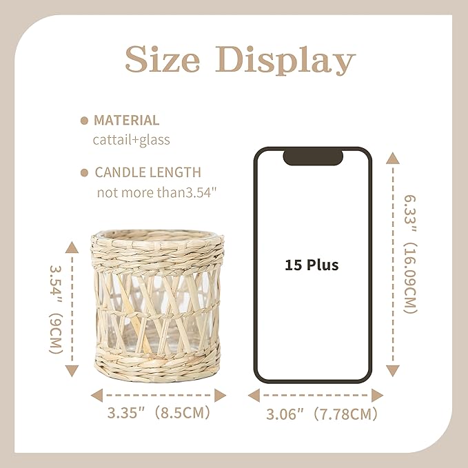 Rustic Cattail Woven Tea Light Holder, Seagrass Glass Candle Holder, Table Candle Holder Decor, Vintage Candlestick Holders, Wicker Tea Light Holder, Farmhouse/Home Decor (Original Color - 2 Pack)