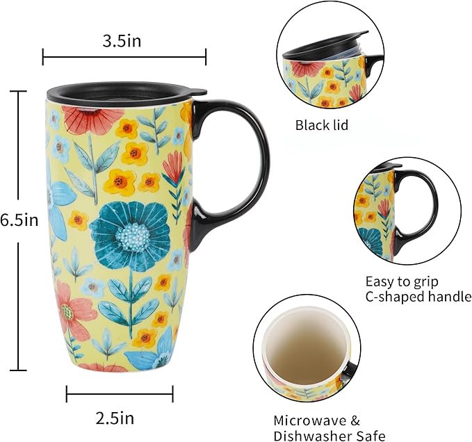 Topadorn 17oz Ceramic Travel Mug with Lid & Handle, Porcelain Coffee Cup with Gift Box, Dishwasher & Microwave Safe, for Latte,Tea, Cocoa, Milk, Home & Office