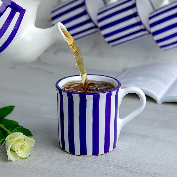 City to Cottage Handmade Dark Navy Blue Stripe Ceramic Extra Large 17.5oz/500ml | Hot Chocolate, Coffee, Tea Mug, Cup with Handle Unique Designer Pottery for Tea Lovers