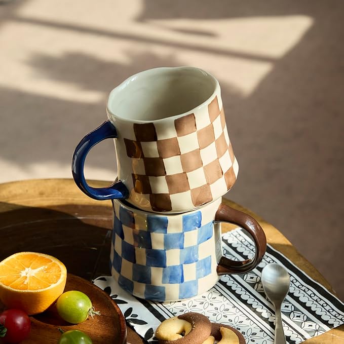 Retro Checkered Ceramic Coffee Mug 16Oz - Extra Large Handle, Microwave Safe Vintage Patterned Tea Cup for Home, Office Blue and White Checkered Pattern, Brown Handle